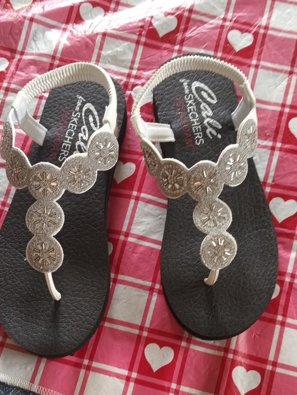 Skechers Women's Silver Glitter T-Strap Sandals with Black Footbed